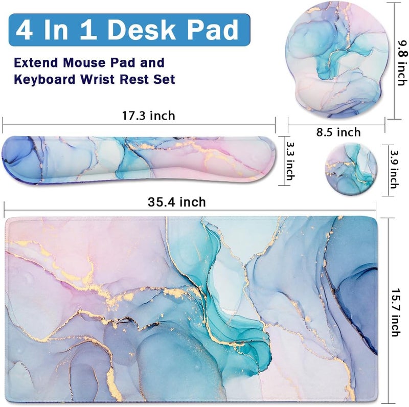 Yunoble 4-in-1 Gaming Mouse Pad Wrist Support Set，Desk Pad + Mouse Pad with Wrist Rest + Keyboard Wrist Rest + Coaster, Ergonomic Design for Home Office Study Game - Blue Marble - Image 2